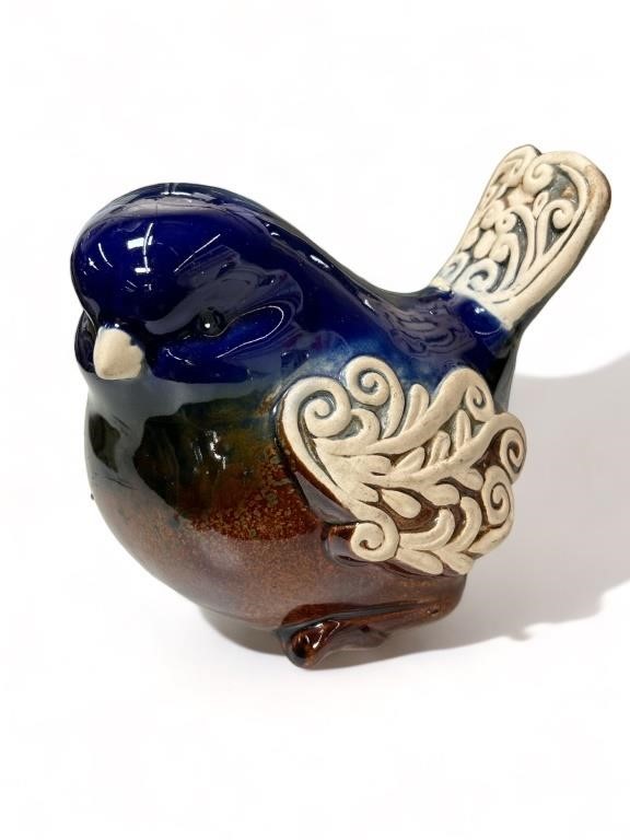 Blue ceramic bird figurine, 6"h.