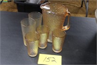 Ribbed Marigold Carnival pitcher & glasses