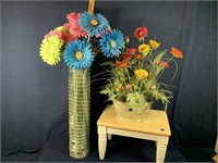 Wooden step, glass vase & flower pot