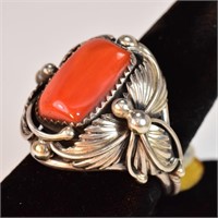 Indian Sterling & Coral Ring Signed WCV