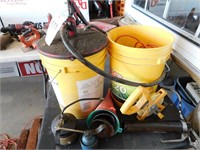 5 GAL BUCKET PUMP, GREASE GUN, FUNNELS, CORD