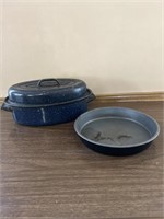 Small blue granite ware roaster and cake pan