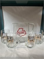 Falstaff glass beer pitcher and 4 mugs