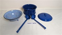 SPECKLED BLUE ENAMEL POT WITH LADEL AND BLUE ENAME