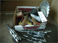 Box of Hammers, Pliers, Saw Blades, Hones etc.