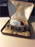 Filigree silver toned jeweled bracelet + OLD box
