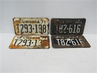 2 Pair VA License Plates 1970 + 1971