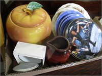 BOX OF COLL PLATES & APPLE COOKIE JAR