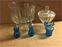 MIXED GLASS PIECES, PITCHER, SHAKERS, ETC. SEE ALL