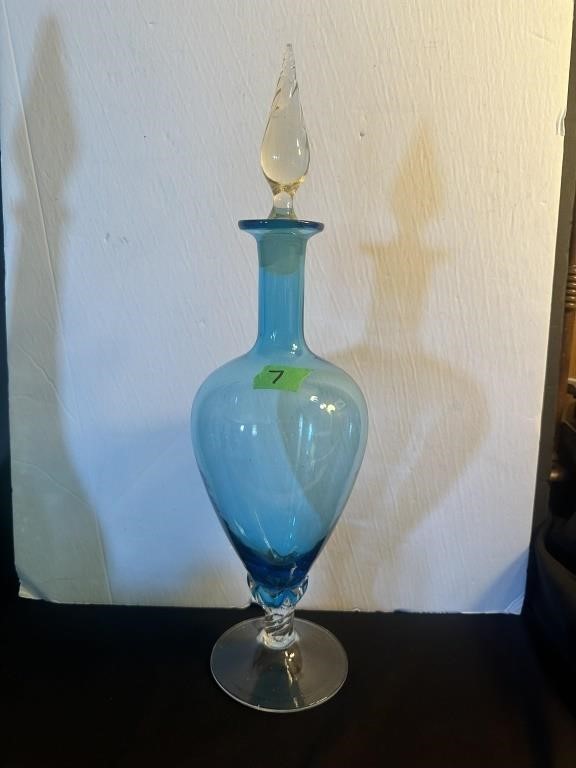 Vintage Blue Glass Footed Perfume Bottle w/