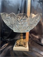 VTG Etched Cut Glass  Bowl Brass & Marble Base