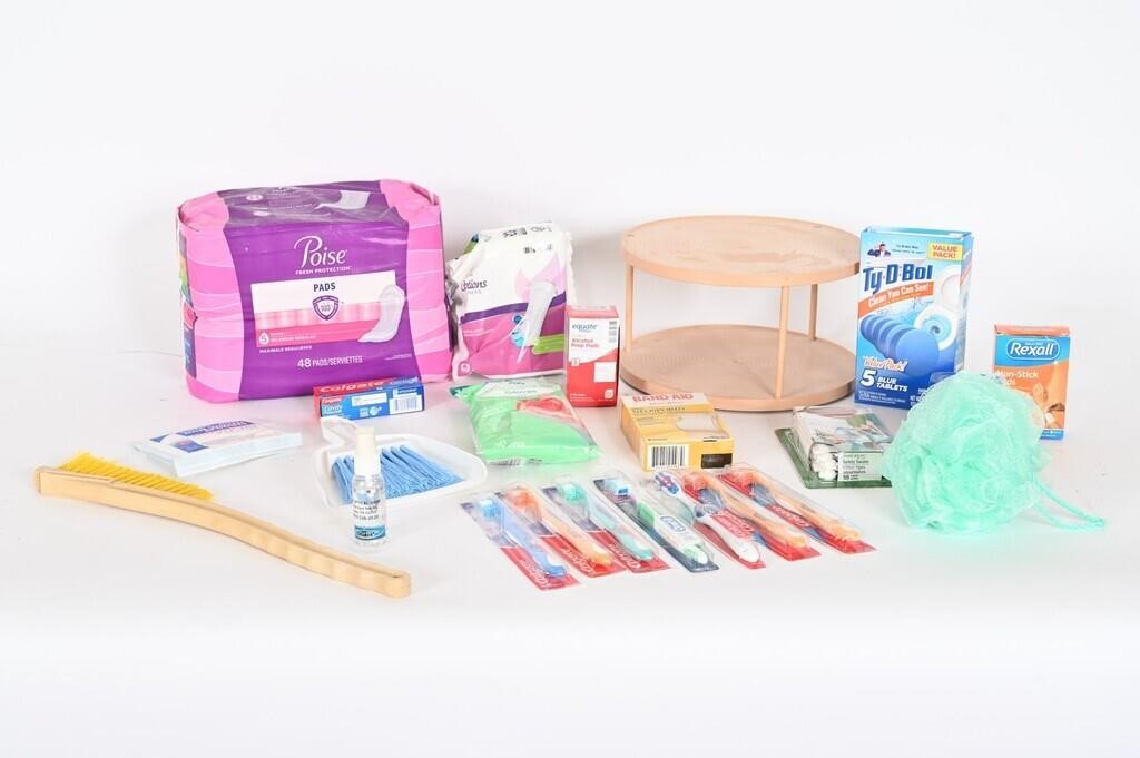 Poise Pads, Lazy Suzan, Toothbrushes, Etc