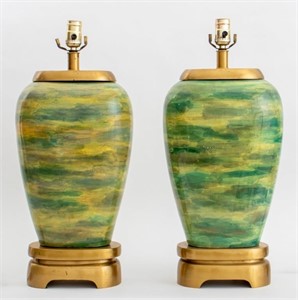 Mod Style Polychromed Ceramic Urn Lamps, Pair