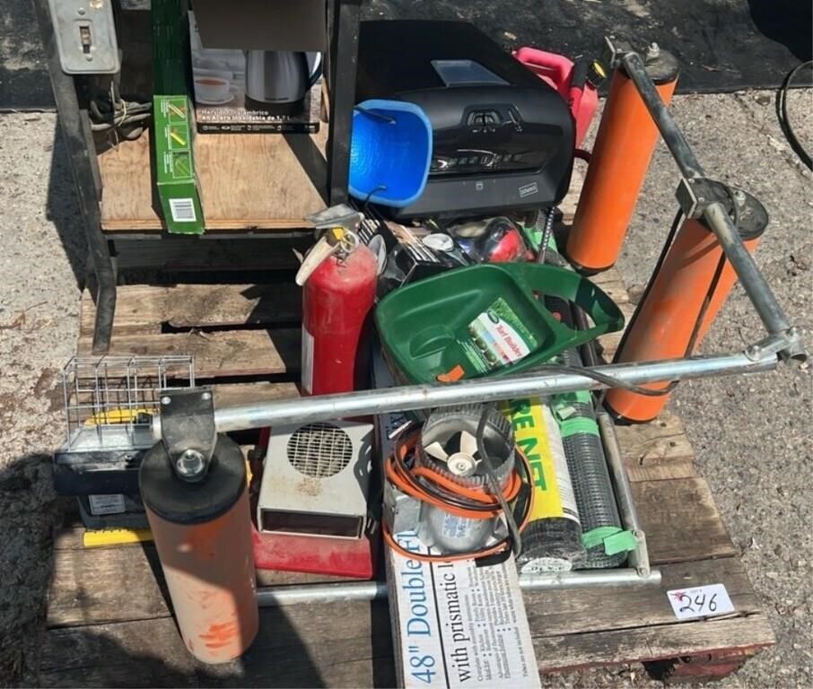 Pallet w/Metal Table, Fire Extinguisher,