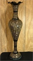 Vintage Large 3ft Etched Brass Black Floor Vase