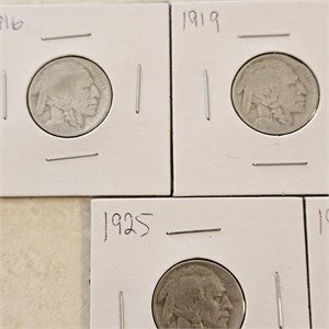 5 Buffalo Nickels 1916, 19, 23, 25, 27s