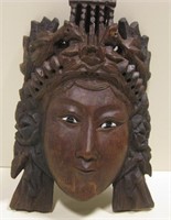 Female Carved Wood Asian Mask - 8" Tall