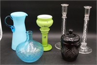 Cased Glass Pitcher & Vase, Diamond Quilt Vase++