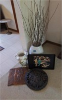 Oriental pictures and 2 tall vases