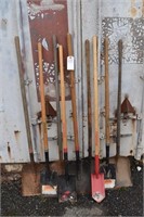 9 assorted shovels and spades; as is