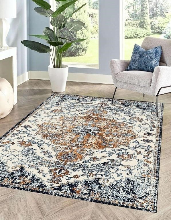 MICRODRY - Area Rug  8x10  Yasmin (Blue/Rust)