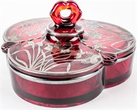 Ruby Glass Covered Candy Dish w/ Sterling Overlay