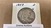 1958D Franklin, half dollar silver coin