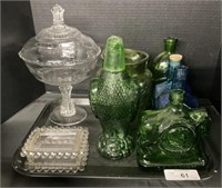 Decanters, Pitcher, Clear Glass Candy Dish.