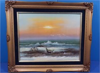 Framed Ocean Painting on Canvas by Anton 18x15"