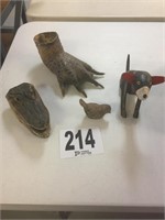Alligator Head, Foot, Carved Stone Bird, and Folk
