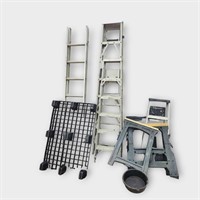 Assorted Size Aluminum Ladders and Saw Horses