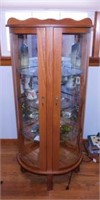 Oak lighted curved glass corner curio cabinet with