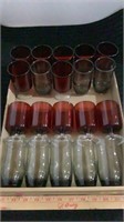 Vintage small glasses, 12-red raised and 8 smoked
