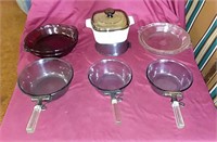 11pc Pyrex set - 4 pie glass pans (2 mauve, 2