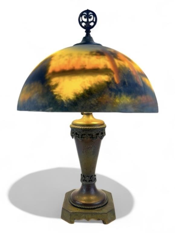 Vintage Reverse Painted Bronze Lamp