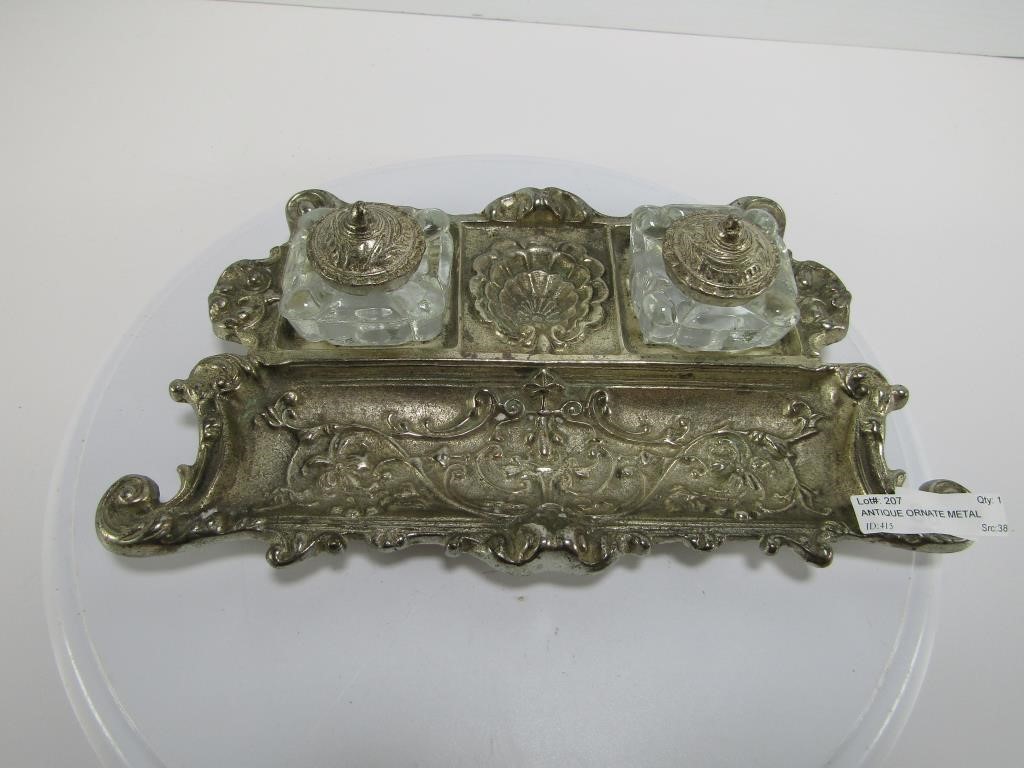 ANTIQUE ORNATE METAL DOUBLE INK WELL