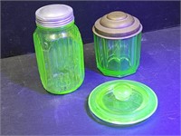 2 Uranium Glass Jars with Lids 3" & 5" &Extra Lid