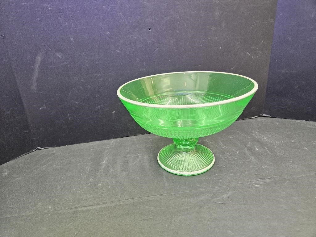 Uranium Glass Compote Fruit Bowl 9 1/2"w