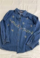 Denim embroidered front button up large