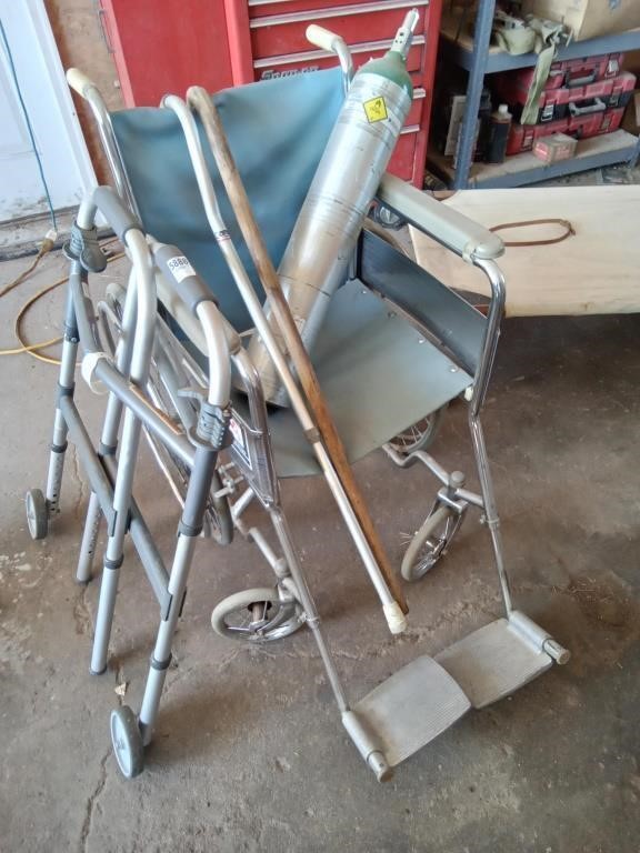 Wheelchair, walker, canes & oxygen tank (unknown