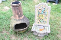 Clay Chiminea & Mosaic Garden Fountain