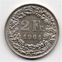 1961 B Switzerland 2 Franc Silver Coin