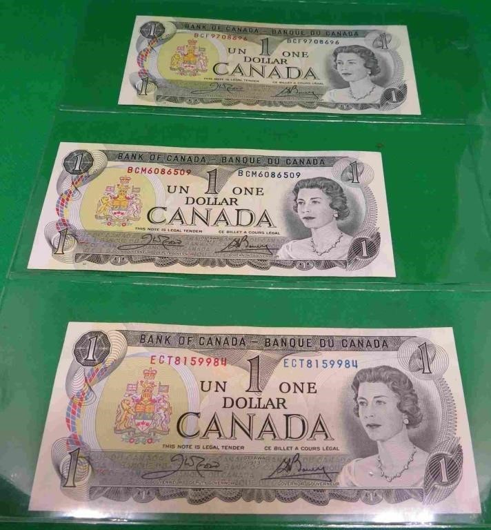 3x 1973 Canada One Dollar Bills - Circulated