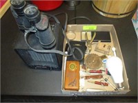 Box w/misc, heater, Bushnell 7x35 binoculars