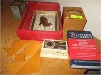 Tissue box, dictionary, candle warmer and misc