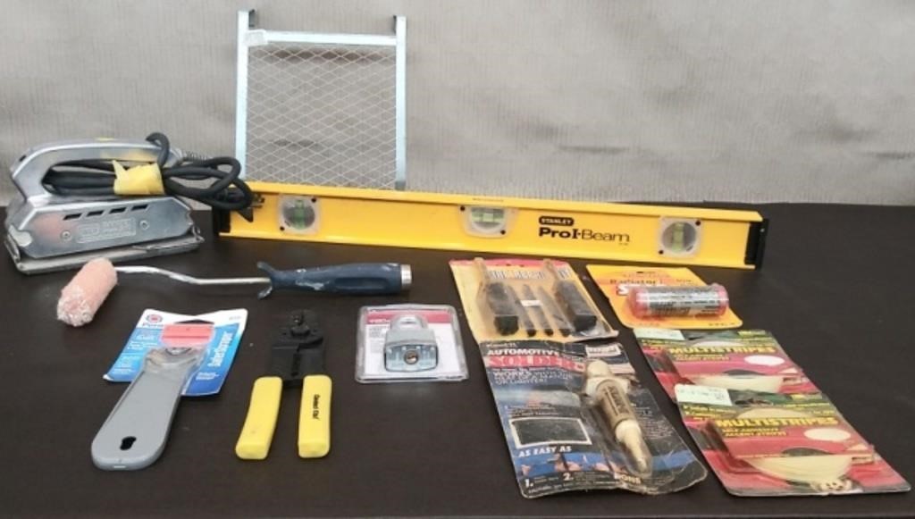 Box Stanley Level, Wire Strippers, Padlock, Misc