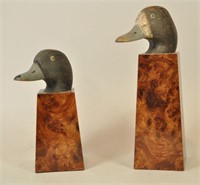 2 DUCK DECOY HEADS ON BURLWOOD BASES