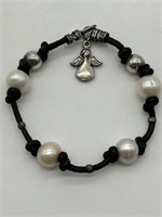 Sterling Silver Genuine Pearl & Leather Bracelet