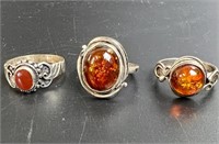 3 VINTAGE STERLING RINGS WITH AMBER STONES