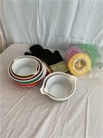 Pyrex Cookware, Mits And Plastic Bowl Covers.